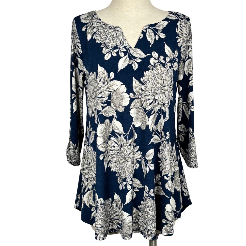 Dressing Gaudy Floral Tunic Top Blue White 3/4 Sleeve‎ Boho Flowy S Stretch USA